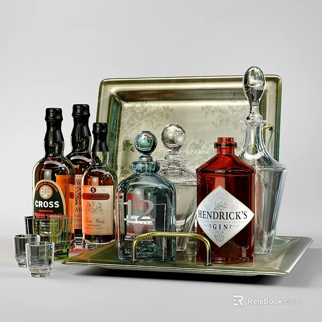 Elegant Various Alcohol Bottles And Glassware Arranged On Decorative Silver Tray 3d model 