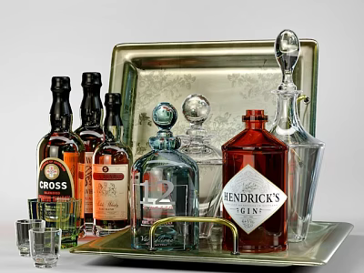 Elegant Various Alcohol Bottles And Glassware Arranged On Decorative Silver Tray 3d model