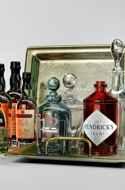 Elegant Various Alcohol Bottles And Glassware Arranged On Decorative Silver Tray 3d model Elegant Various Alcohol Bottles And Glassware Arranged On Decorative Silver Tray 3d model