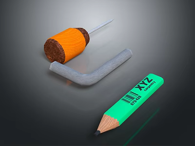 Practical Household Essentials Including Orange Roller Gray U Shaped Object and Green Pencil 3d model