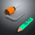 Practical Household Essentials Including Orange Roller Gray U Shaped Object and Green Pencil