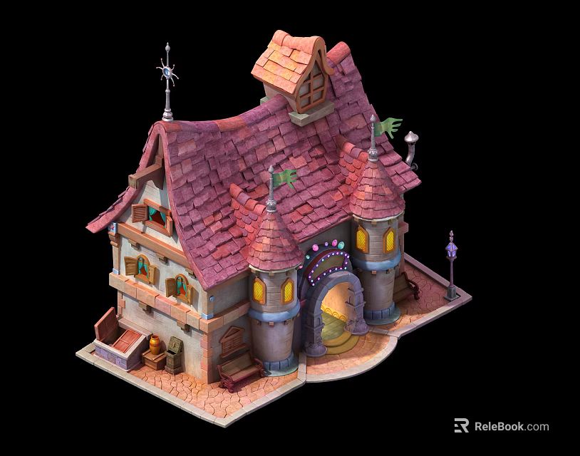 Cartoon Fairy House with Red Tiled Roof Pointed Towers Yellow Lit Windows and Street Lamp 3d model 
