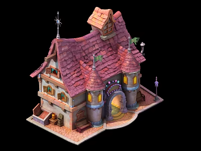 Cartoon Fairy House with Red Tiled Roof Pointed Towers Yellow Lit Windows and Street Lamp 3d model