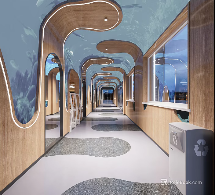 Modern Supermarket Corridor Design With Recycling Bin And Wooden Elements 3d model