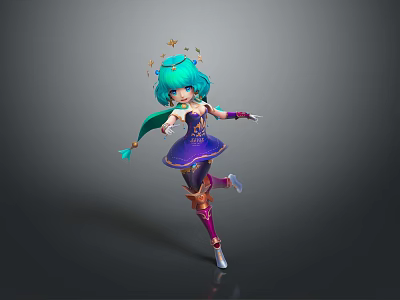 Vibrant Game Movie Character With Teal Hair Star Headdress Purple Dress Golden Accents Dynamic Pose 3d model