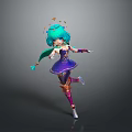 Vibrant Game Movie Character With Teal Hair Star Headdress Purple Dress Golden Accents Dynamic Pose