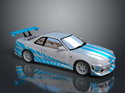 Silver Racing Car With Blue Stripes Rear Spoiler And Sporty Wheels 3d model