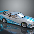 Silver Racing Car With Blue Stripes Rear Spoiler And Sporty Wheels