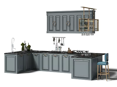 Modern Kitchen With Gray Cabinets Countertop Faucet Green Plants And Stool 3d model