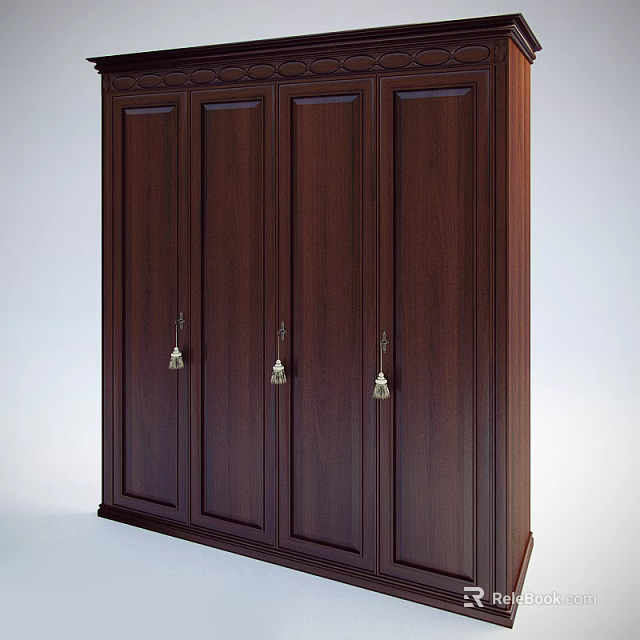 Dark Brown Wooden Wardrobe With Four Door Vertical Panel Design and Metal Handles 3d model 