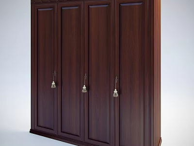 Dark Brown Wooden Wardrobe With Four Door Vertical Panel Design and Metal Handles 3d model