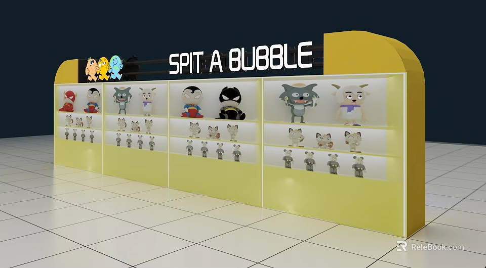Spit A Bubble Claw Machine Store With Plush Character Dolls On Display Shelves 3d model 