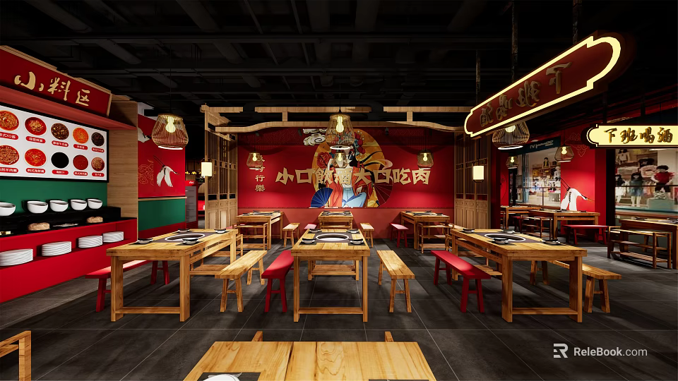 Chinese Style Hot Pot Restaurant With Red Decor Wooden Tables Red Stools And Traditional Lanterns 3d model 