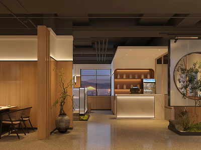 Hotpot Restaurant Interior With Wooden Walls Round Mirror Green Plants And Bar Counter 3d model