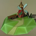 Cartoon Scene Featuring Red Windmill Blue Blades Wooden House Brown Roof Green Grass And Trees
