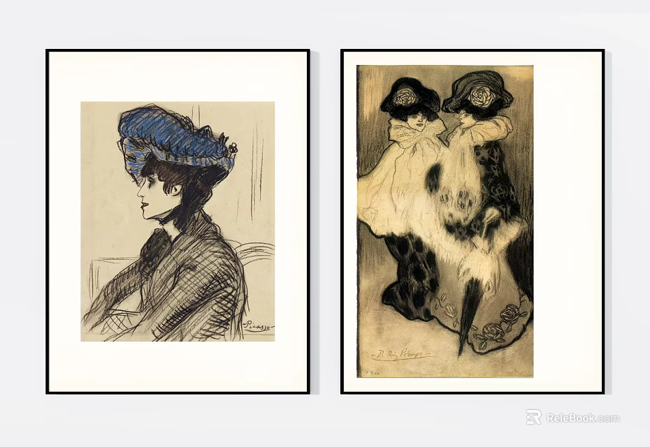 Vintage Style Portrait Artworks Of Women With Blue Hat And Decorative Outfits 3d model 