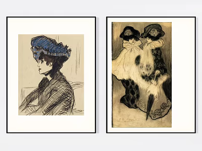 Vintage Style Portrait Artworks Of Women With Blue Hat And Decorative Outfits 3d model