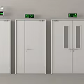 Fire Safety Equipment Featuring White Fire Doors And Green Emergency Exit Signs