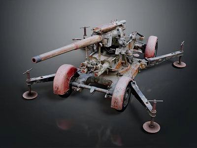 Old Rusty Artillery Gun with Red Wheels Metal Mount and Vintage Military Design 3d model