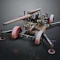 Old Rusty Artillery Gun with Red Wheels Metal Mount and Vintage Military Design