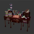 Red Wooden Desk With Stacked Books Open Book Colorful Stationery And Lamp