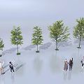 Different Tree Sizes Showcasing Growth Stages With People Observing in Open Area 3d model