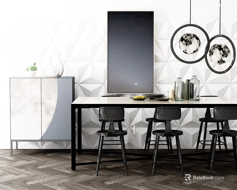 Modern Dining Table Set With Black Bar Stools Geometric Wall And Marble Cabinet Decor 3d model