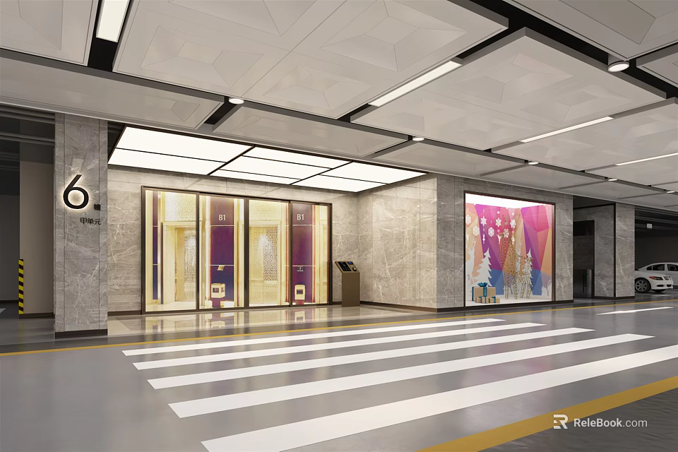 Parking Garage Entrance With Number 6 Marble Walls Glass Doors And Striped Flooring 3d model 
