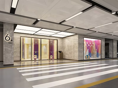 Parking Garage Entrance With Number 6 Marble Walls Glass Doors And Striped Flooring 3d model