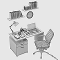 Modern Office Desk And Chair Set With Desk Lamp Laptop Bookshelf And Wall Clock