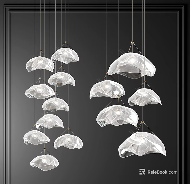 Modern Transparent Chandeliers With Organic Shapes Hanging Against Black Background 3d model 