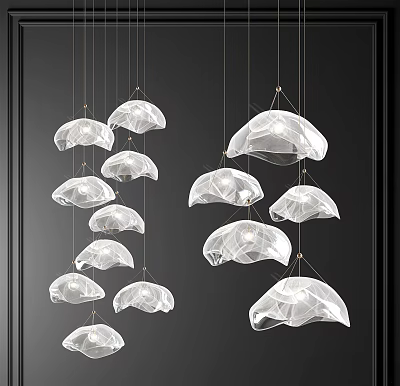 Modern Transparent Chandeliers With Organic Shapes Hanging Against Black Background 3d model