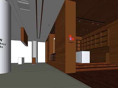 Modern Lobby Interior Featuring Wooden Walls White Reception Desk And Bookshelves 3d model