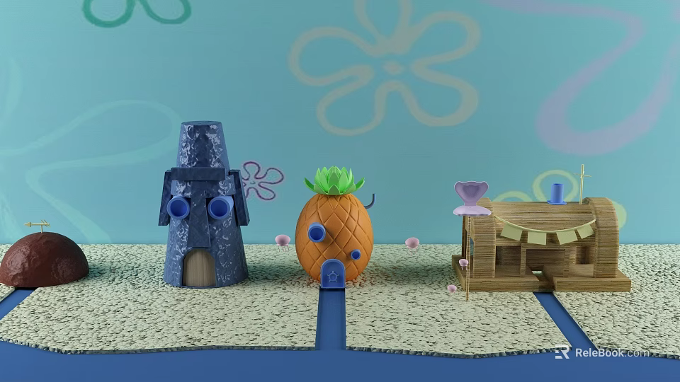 Cartoon Scene With Pineapple House Stone House And Burger Restaurant On Sandy Ground Blue Background 3d model 