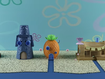 Cartoon Scene With Pineapple House Stone House And Burger Restaurant On Sandy Ground Blue Background 3d model