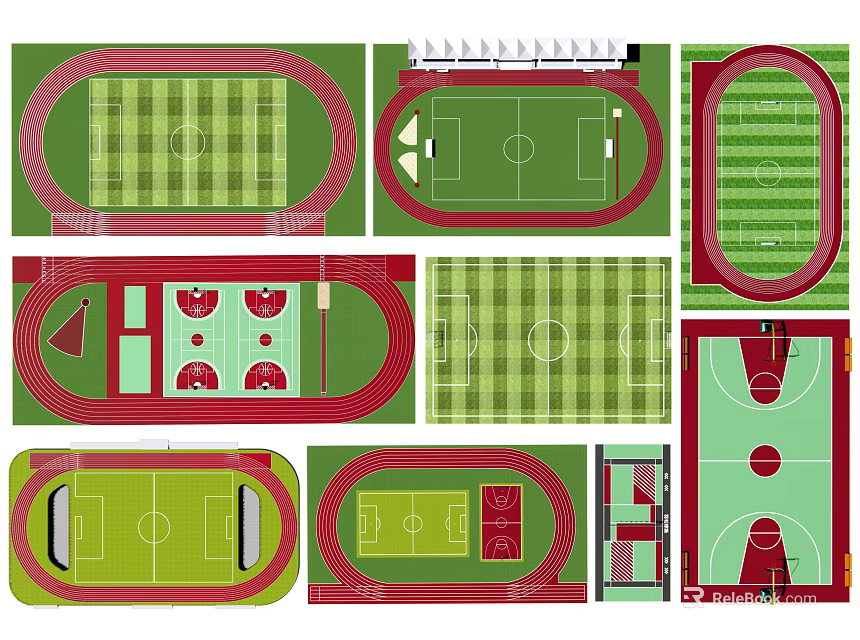 Sports Equipment Layouts for Various Sports Fields Including Football Pitch Basketball Court and Running Track 3d model 