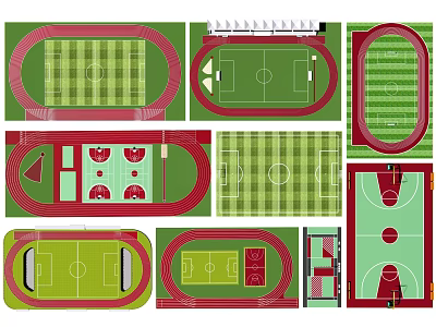 Sports Equipment Layouts for Various Sports Fields Including Football Pitch Basketball Court and Running Track 3d model
