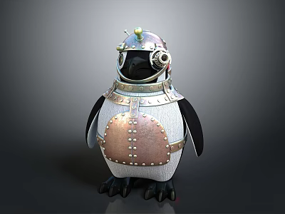 Steampunk Penguin Character With Metallic Armor And Mechanical Goggles 3d model