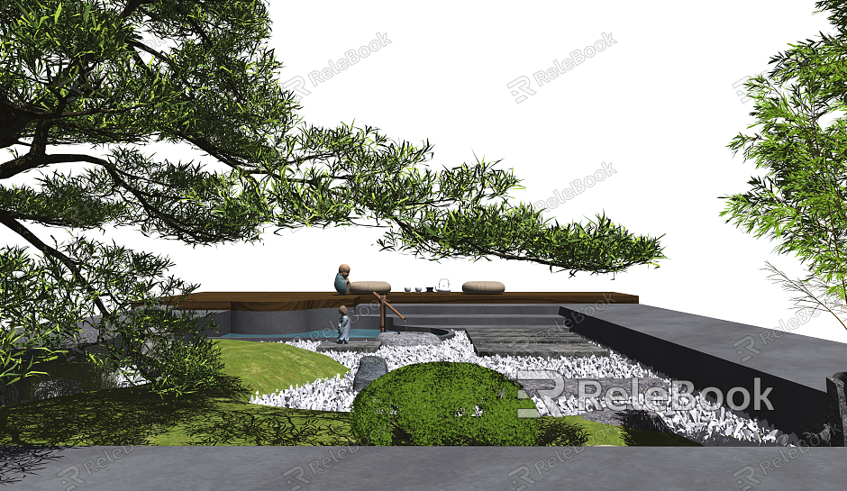 New Chinese style landscape sketch rockery stone dry landscape courtyard landscape pine outdoor plants Zen landscape model