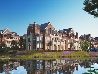 Luxury Detached Villa Featuring Brick Beige Exterior Gabled Roof Lush Lawn Purple Flowers Pond Reflection 3d model
