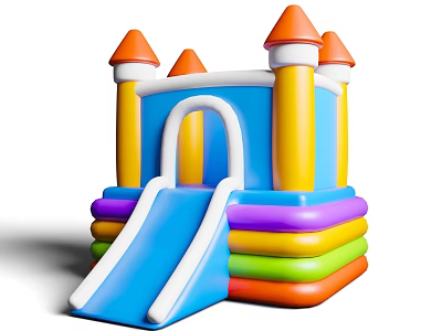 Inflatable Castle Play Structure With Orange Spire Towers Blue Slide And Colorful Layers 3d model