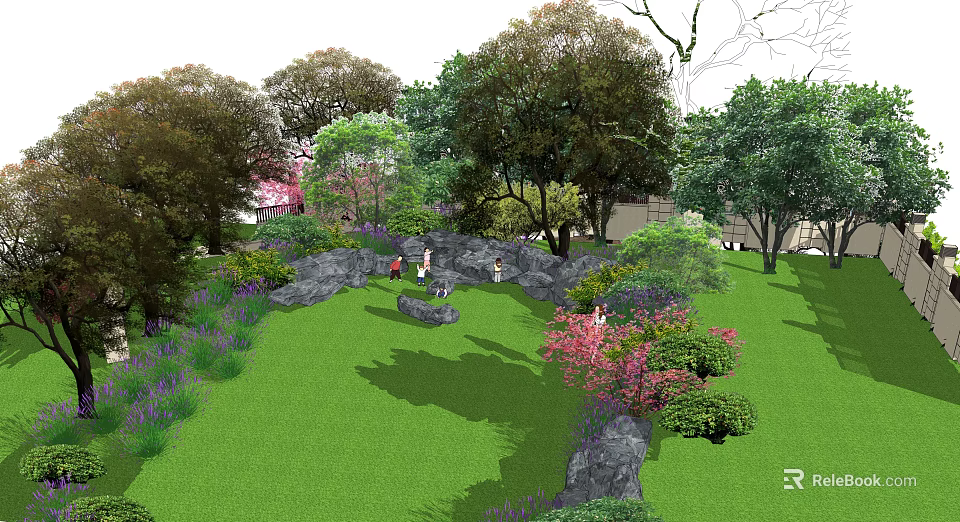 People Enjoying Garden Landscape With Lush Trees Green Grass Rocks And Colorful Flowers 3d model 