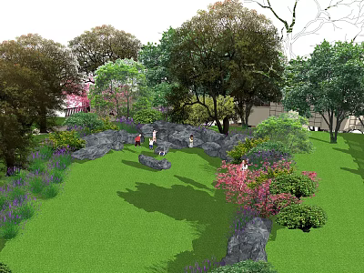 People Enjoying Garden Landscape With Lush Trees Green Grass Rocks And Colorful Flowers 3d model