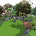 People Enjoying Garden Landscape With Lush Trees Green Grass Rocks And Colorful Flowers