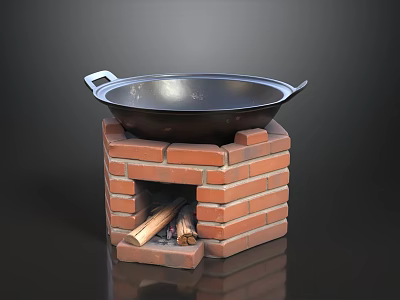 Traditional Hotpot Restaurant With Red Brick Stove And Wood Fire Iron Pot 3d model