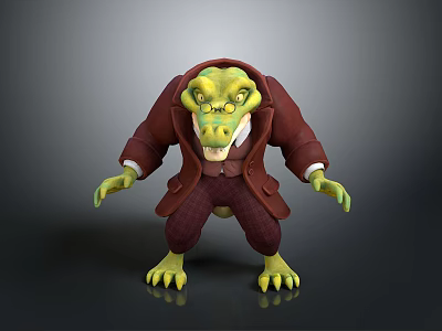 Green Reptile Crocodile Wearing Red Coat And Plaid Pants With Yellow Eyes In Standing Pose 3d model