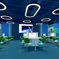 School Modern Classroom With Green Chairs White Tables Ceiling Lights And Large Screen 3d model