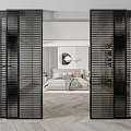 Modern Black Grid Design Sliding Doors in Bedroom with Wooden Flooring Round Mirror and Bed