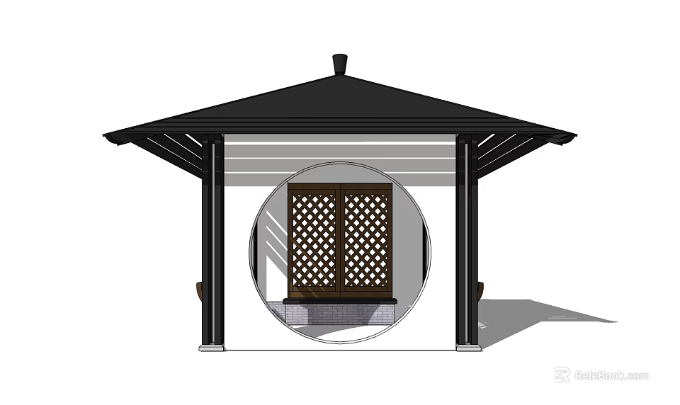 Chinese Style Landscape Pavilion With Black Roof White Pillars And Circular Lattice Door 3d model 