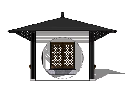 Chinese Style Landscape Pavilion With Black Roof White Pillars And Circular Lattice Door 3d model